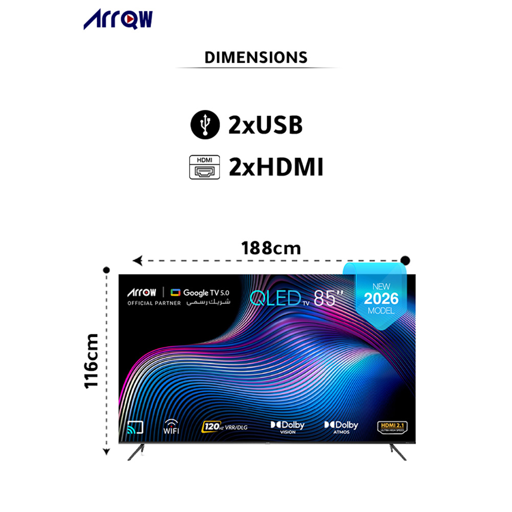 ARRQW 85 INCH QLED 4K GOOGLE TV 5.0, DOLBY VISION/ATMOS, DLG 120HZ, TV RO-85LCQ120